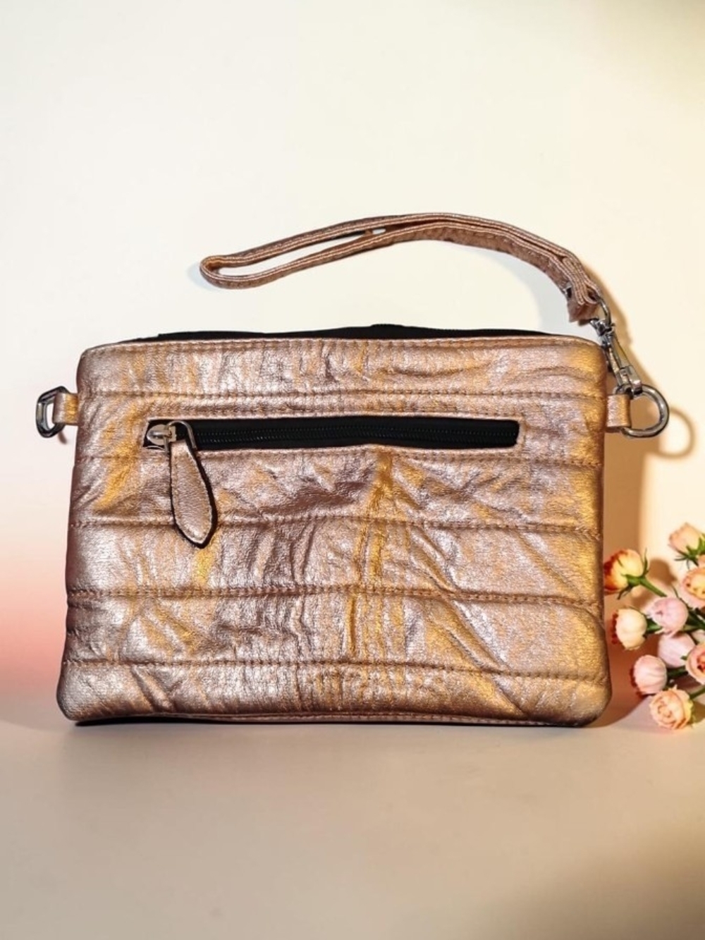 Bari Lynn Metallic Quilted Puffer Wristlet Clutch Gold NWOT